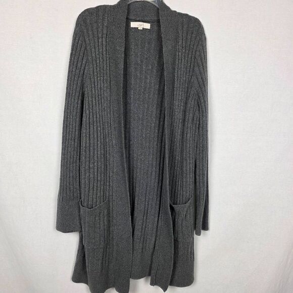 LOFT Gray Ribbed Long Open Cardigan Sweater L - Picture 4 of 8